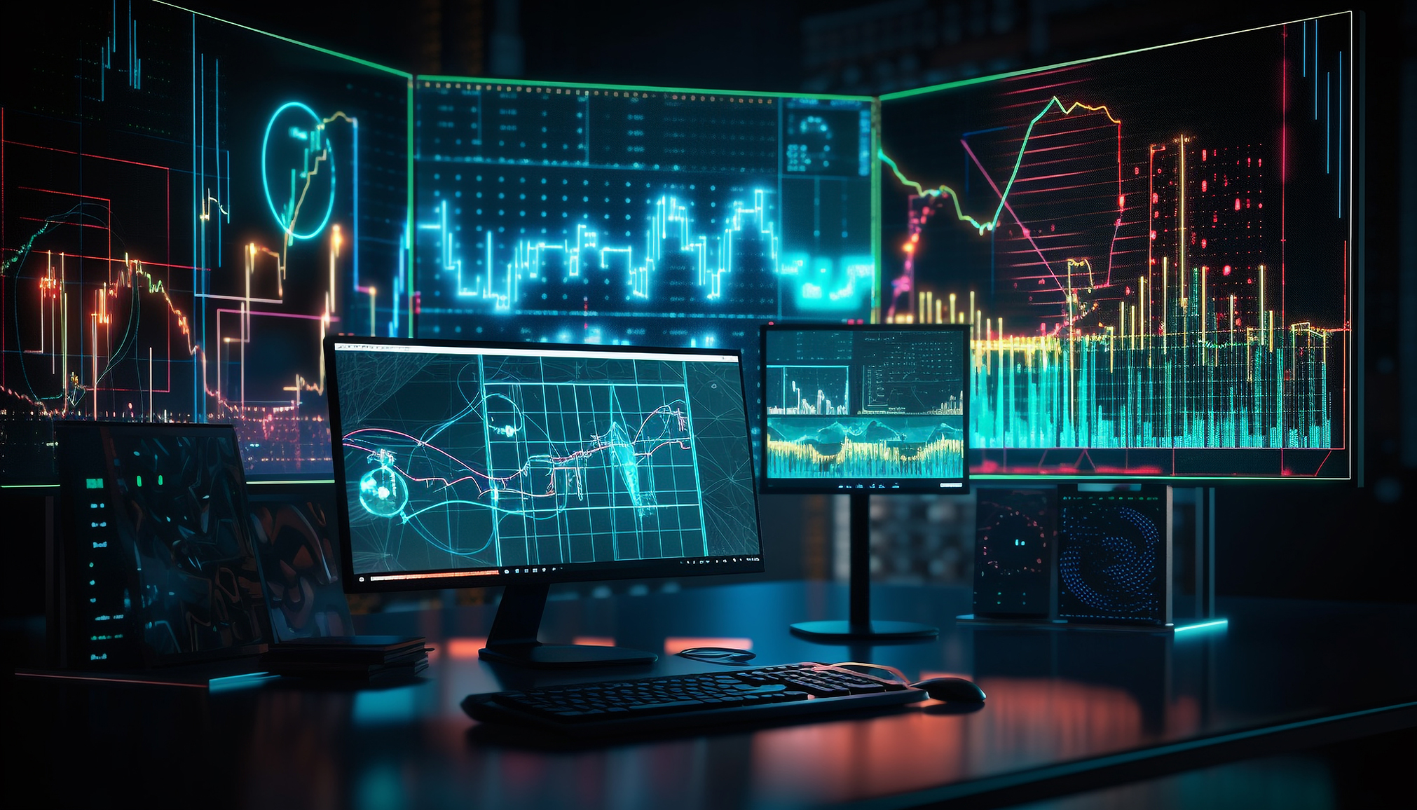 Glowing chart shows successful financial growth generated by AI
